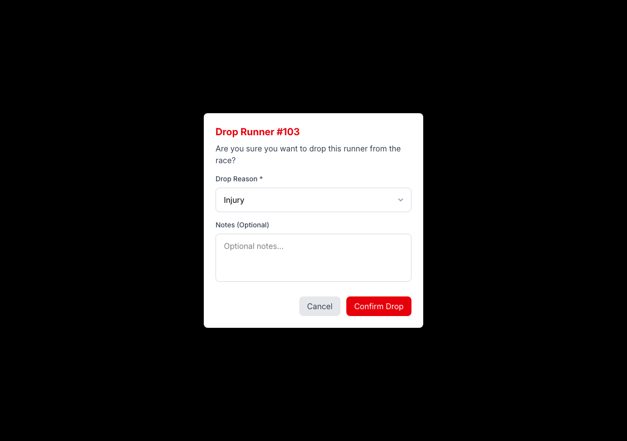 The Drop Runner dialog with Injury selected and a red Confirm Drop button